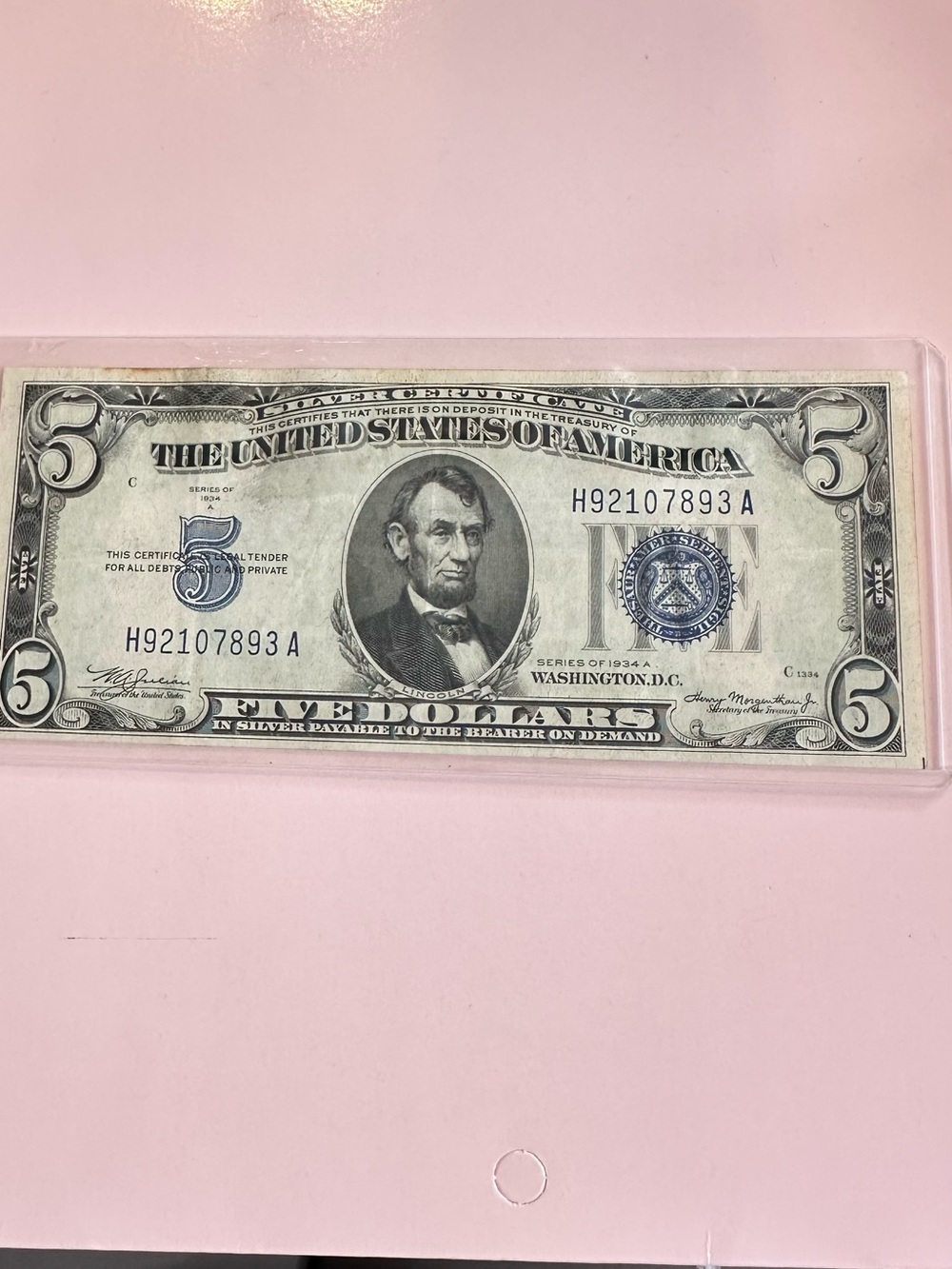 Decorative Wall Display: Vintage Five Dollar Note in Pink Frame